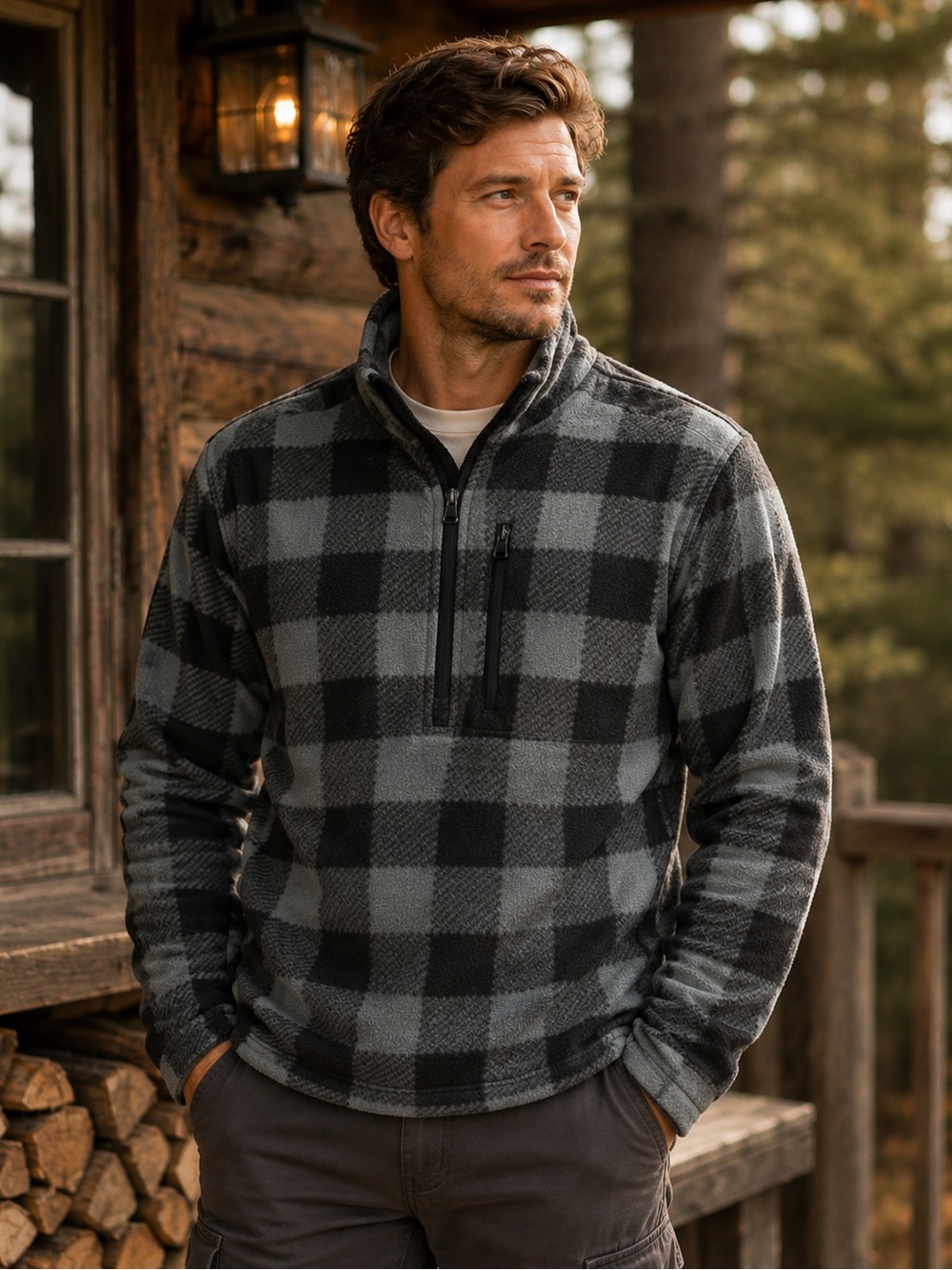 Ocean Coast Men’s Black & Light Green Buffalo Plaid Quarter-Zip Fleece Pullover